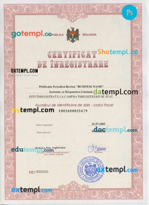 Moldova company registration certificate PSD template