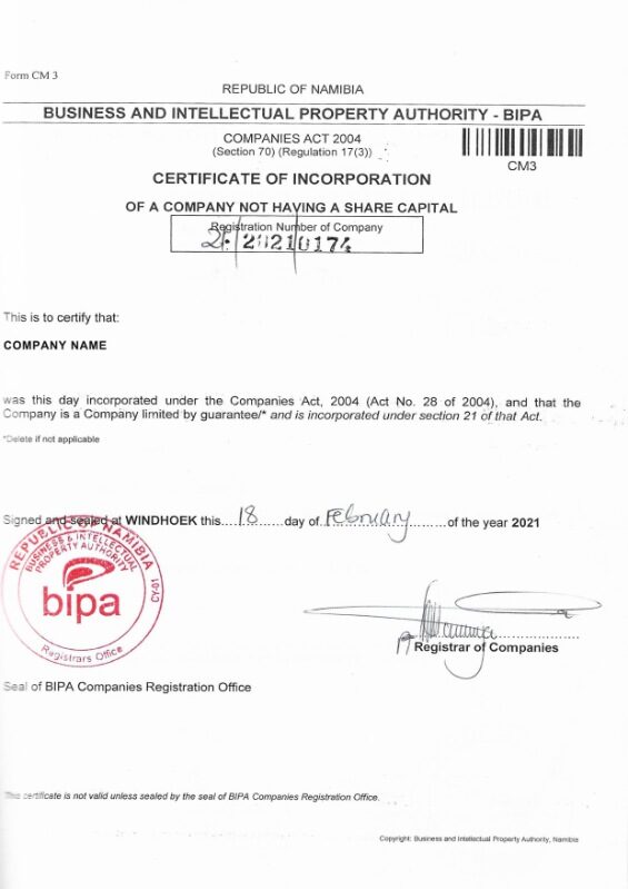 Namibia Certificate of Corporation PSD template