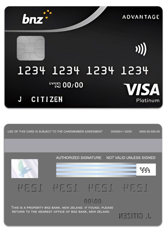 New Zeland BNZ Bank advantage visa platinum card template in PSD format