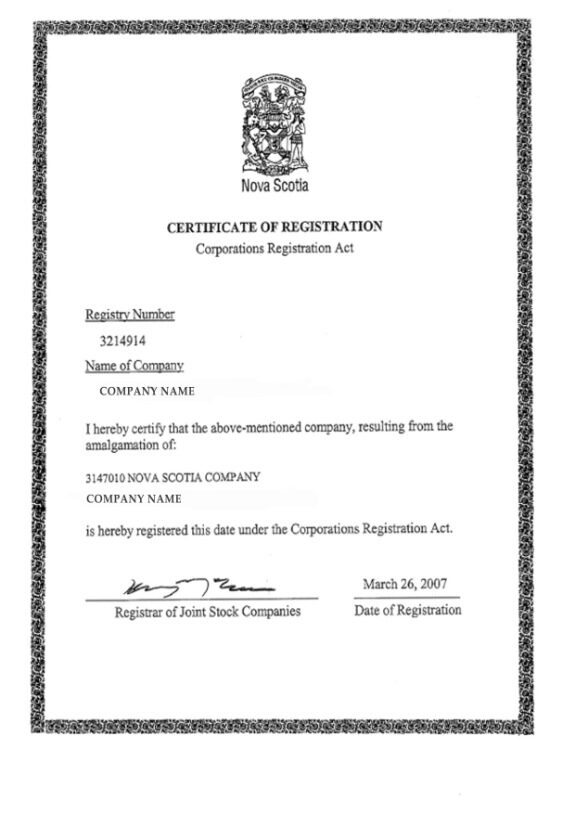 Nova Scotia Certificate of Registration PSD template
