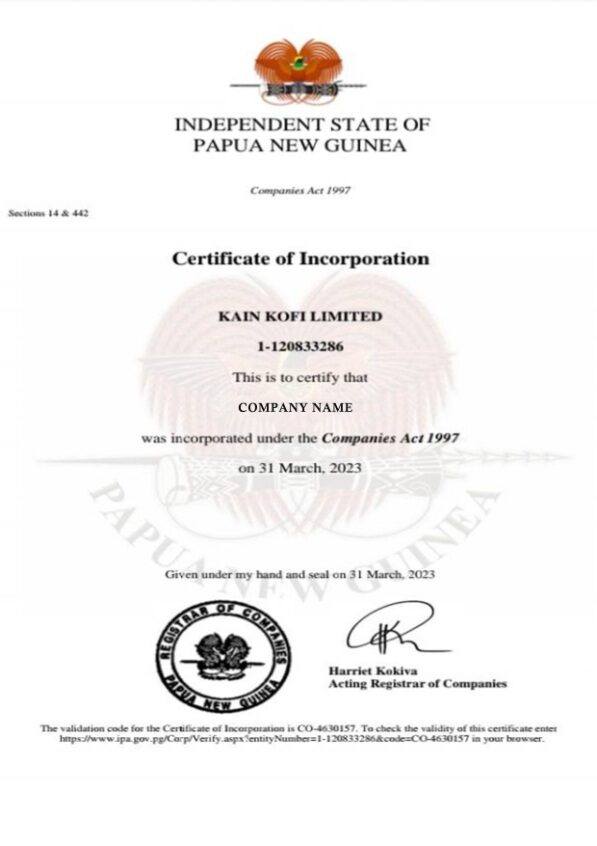 Papua New Guinea Certificate of Incorporation PSD template