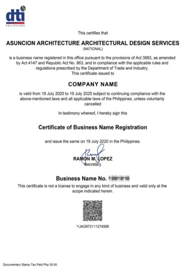 Philippines Certificate of Business Name Registration PSD template