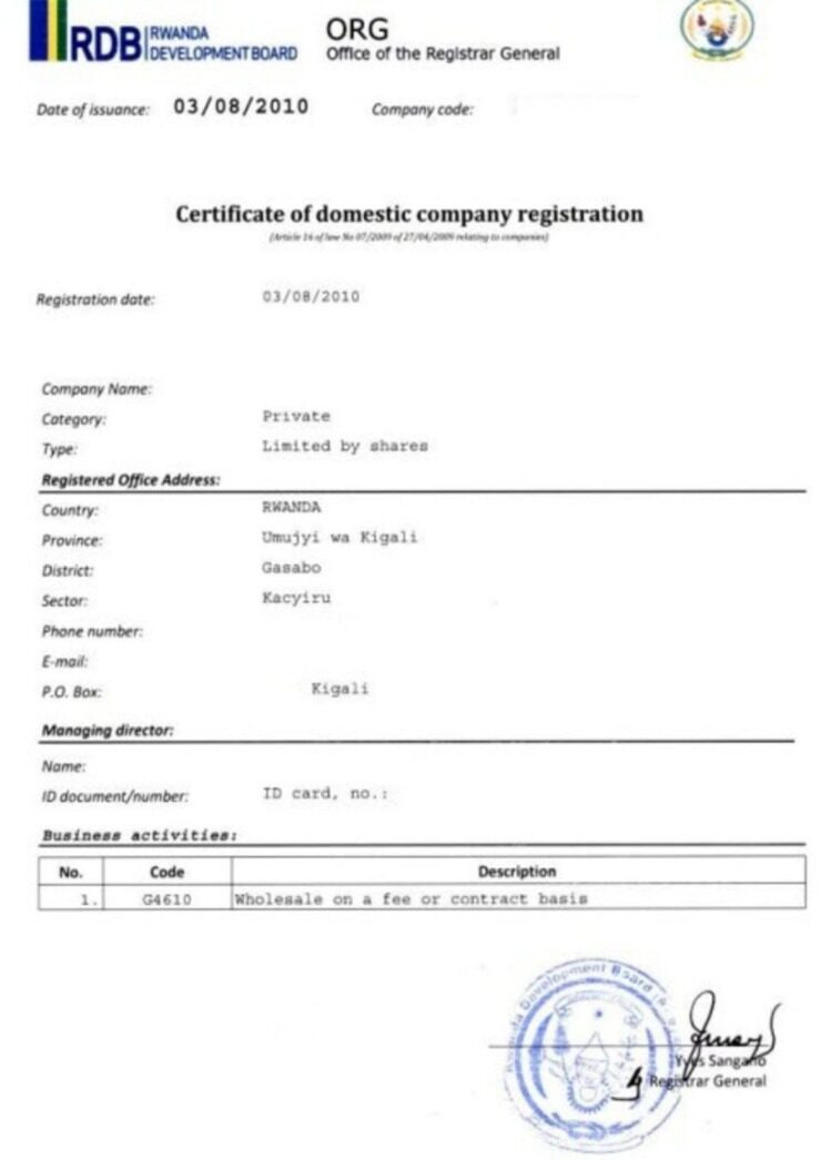 Rwanda Certificate of domestic company registration PSD template