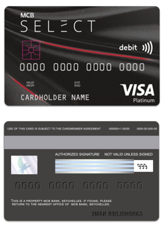 Seychelles MCB Bank visa debit platinum card template in PSD format