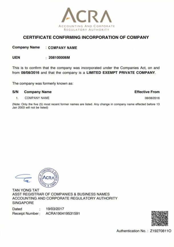 Singapore Certificate of Incorporation PSD template