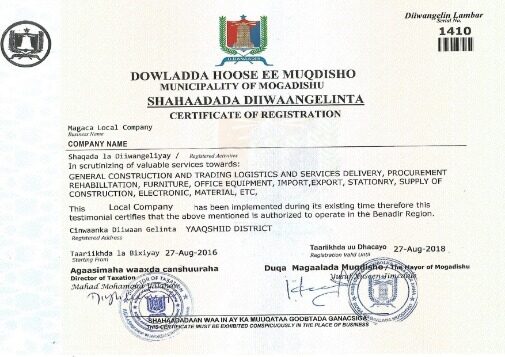 Somalia Certificate of Registration PSD template
