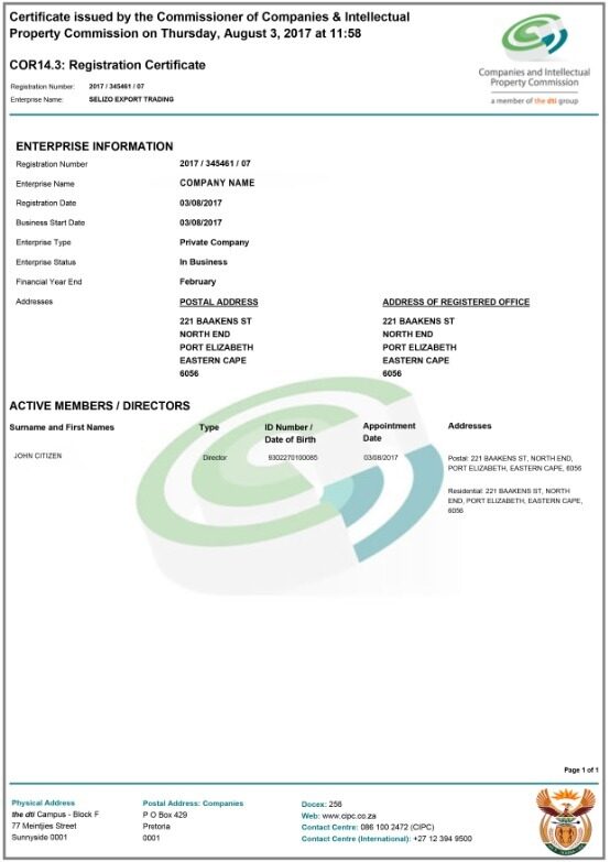 South Africa Registration Certificate PSD template