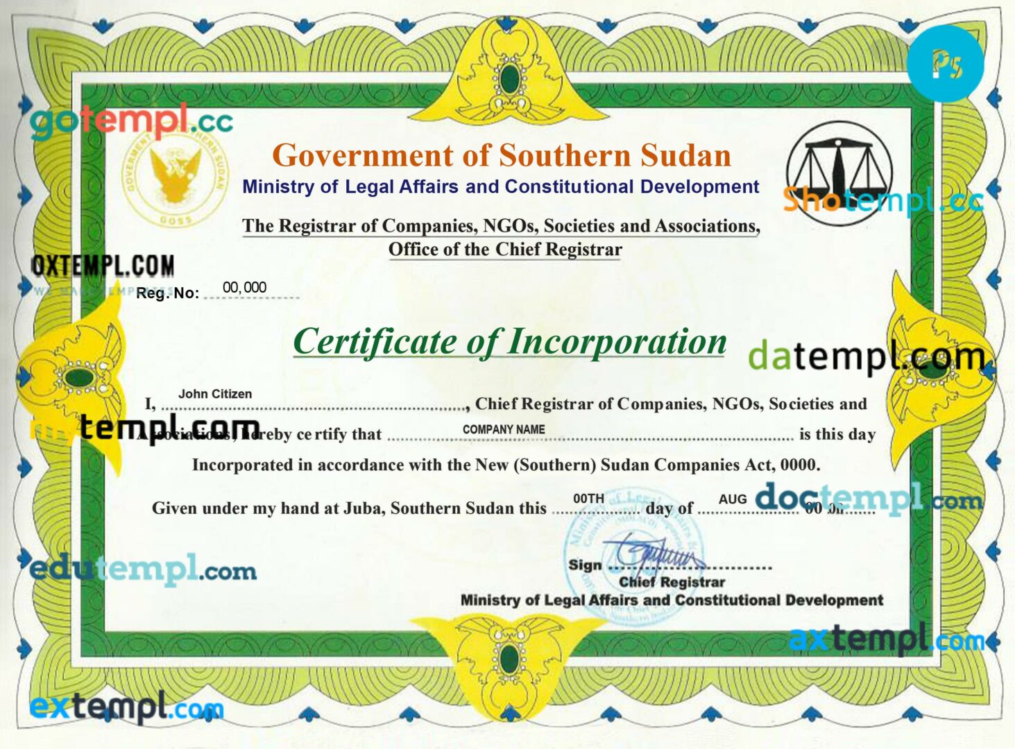 South Sudan certificate of incorporation PSD template