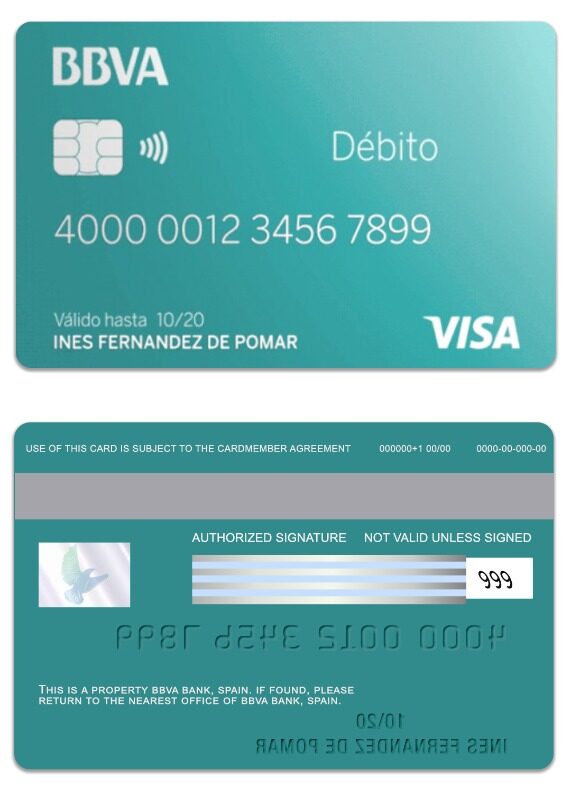 Spain BBVA Bank visa debit card template in PSD format