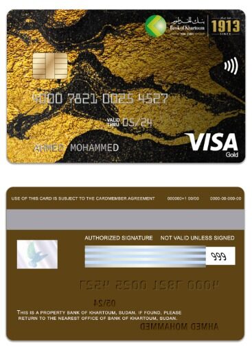 Sudan Bank of Khartoum visa gold card template in PSD format