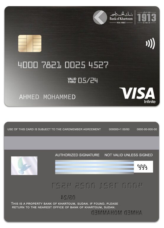 Sudan Bank of Khartoum visa infinite card template in PSD format