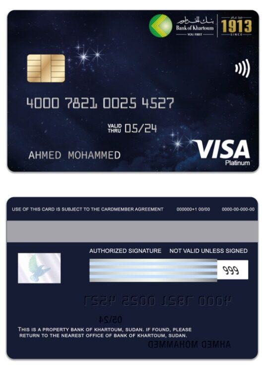 Sudan Bank of Khartoum visa platinum card template in PSD format