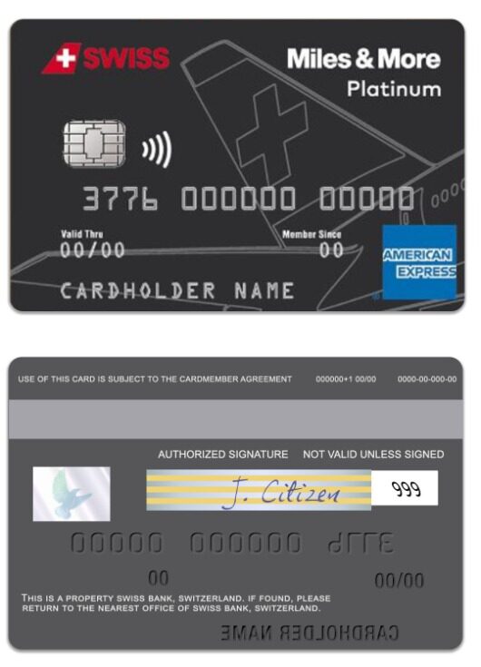 Switzerland SWISS bank Miles & More platinum american express card template in PSD format