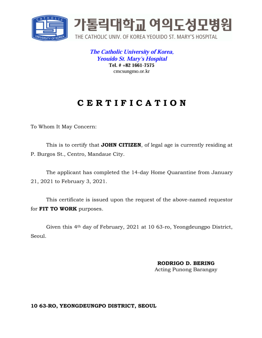 The Catholic University of Korea, Yeouido St. Mary's Hospital medical certificate template in Word and PDF formats