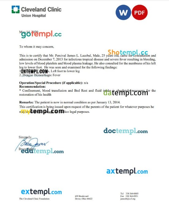 The Cleveland Clinic Foundation doctor note template Word and PDF formats