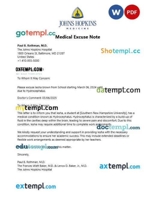 The Johns Hopkins Hospital medical excuse note template Word and PDF formats