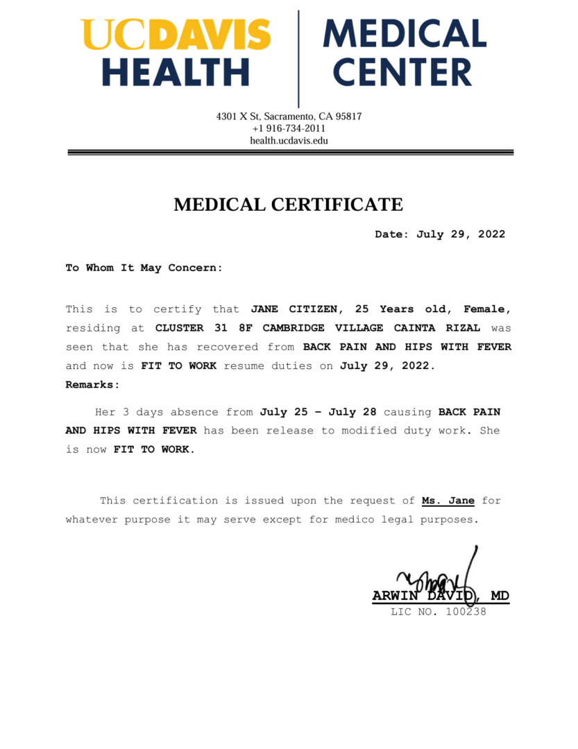 UC Davis Medical Center medical certificate template in Word and PDF formats