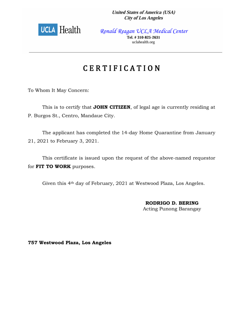 UCLA health - Ronald Reagan Medical Center medical certificate template in Word and PDF formats