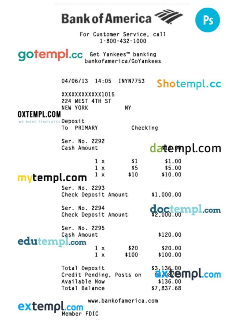 USA Bank of America check PSD template