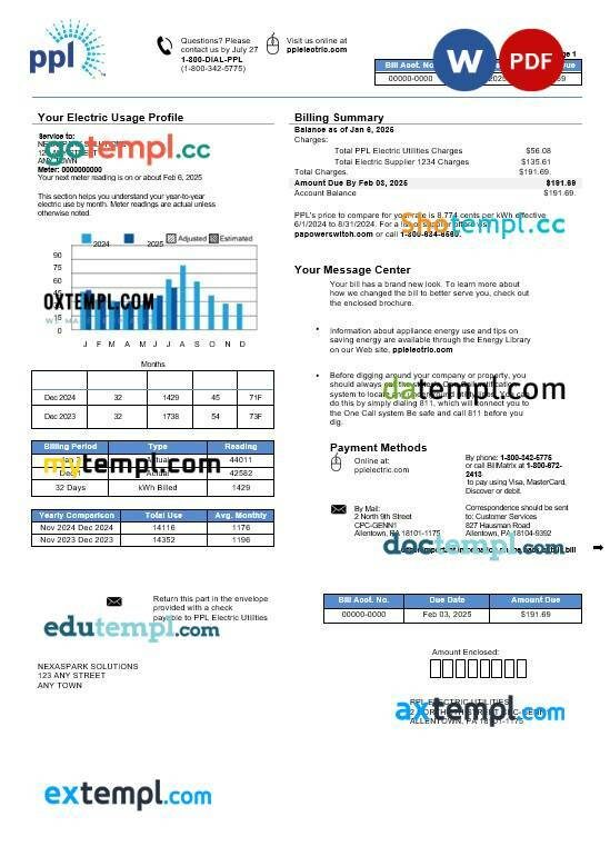 USA Philadelphia PPL business utility bill template in Word and PDF formats