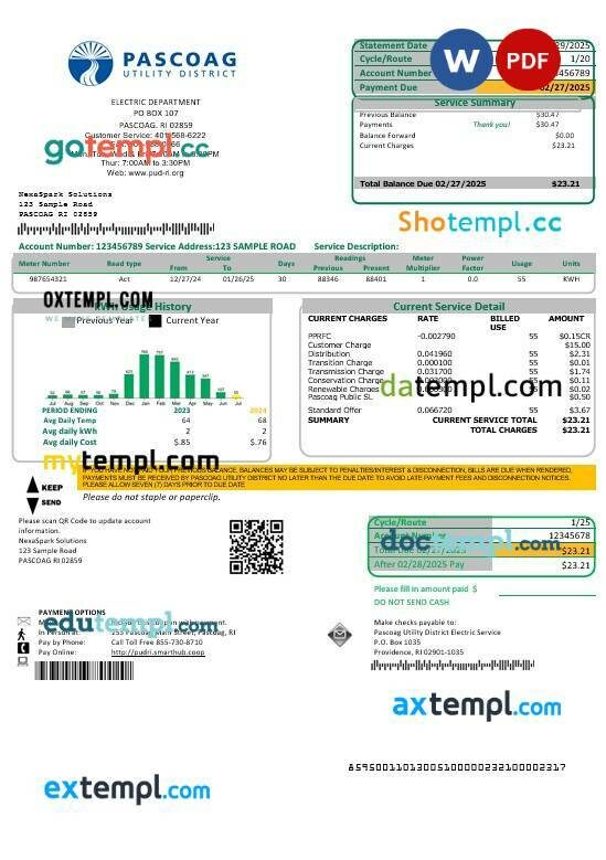 USA Rhode Island Pascoag Utility District business utility bill template in Word and PDF formats