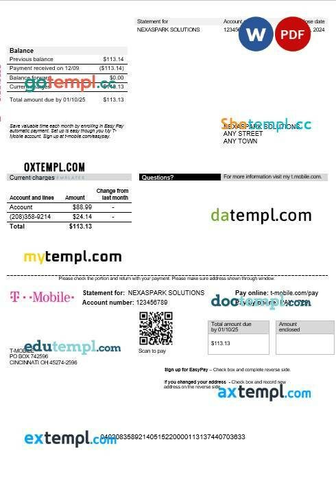 USA T-Mobile business utility bill Word and PDF template