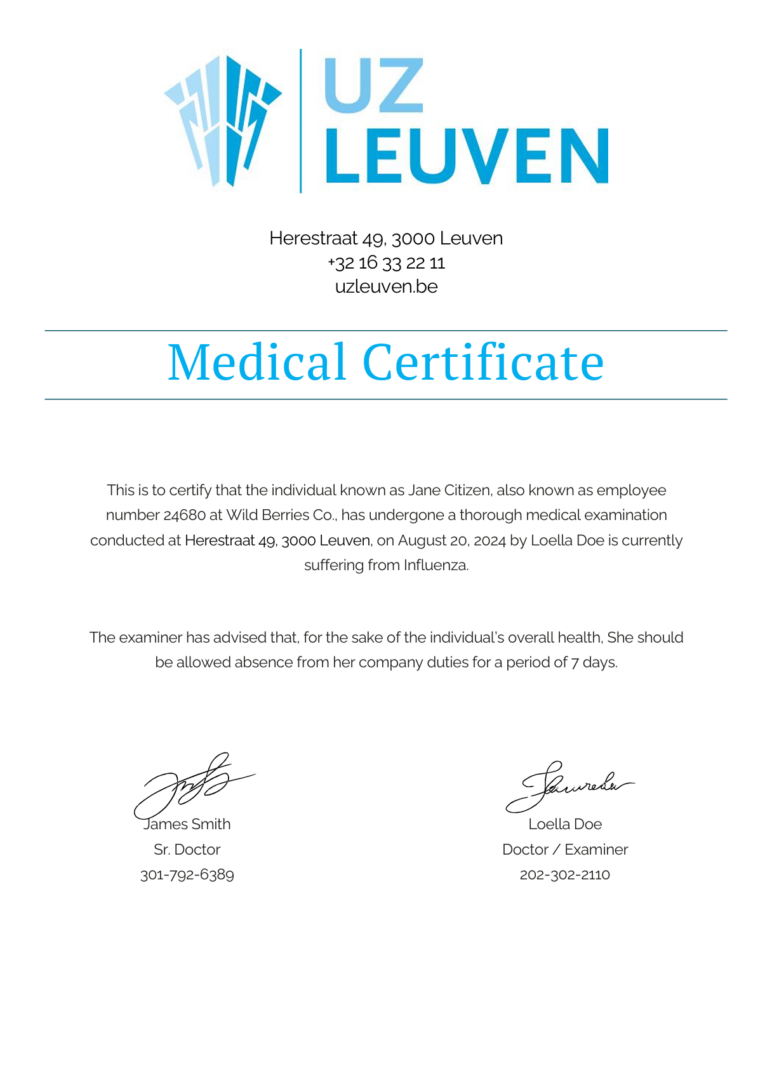 UZ Leuven medical certificate template in Word and PDF formats