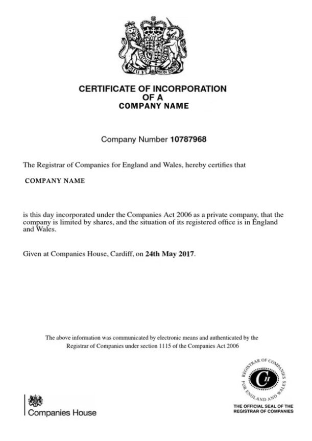United Kingdom Certificate of Incorporation PSD template
