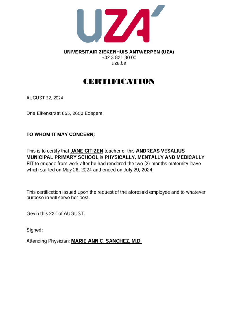 Universitair Ziekenhuis Antwerpen (UZA) certification template in Word and PDF formats