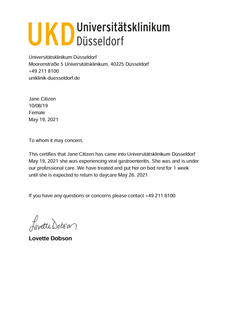 Universitätsklinikum Düsseldorf doctor note template in Word and PDF formats