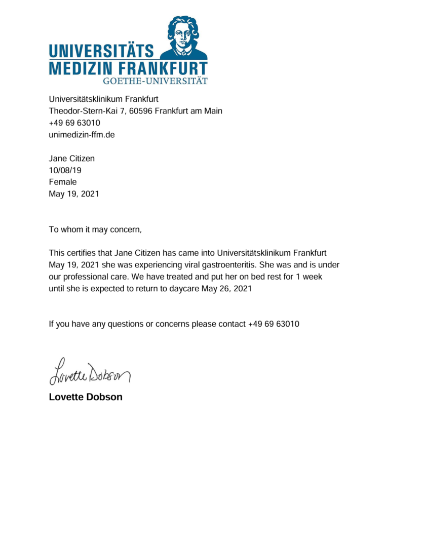 Universitätsklinikum Frankfurt doctor note template in Word and PDF formats