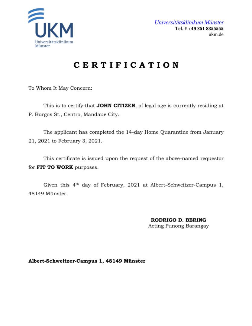 Universitätsklinikum Münster medical certificate template in Word and PDF formats