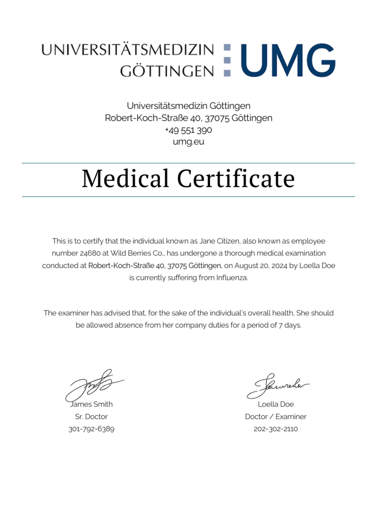 Universitätsmedizin Göttingen medical certificate template in Word and PDF formats