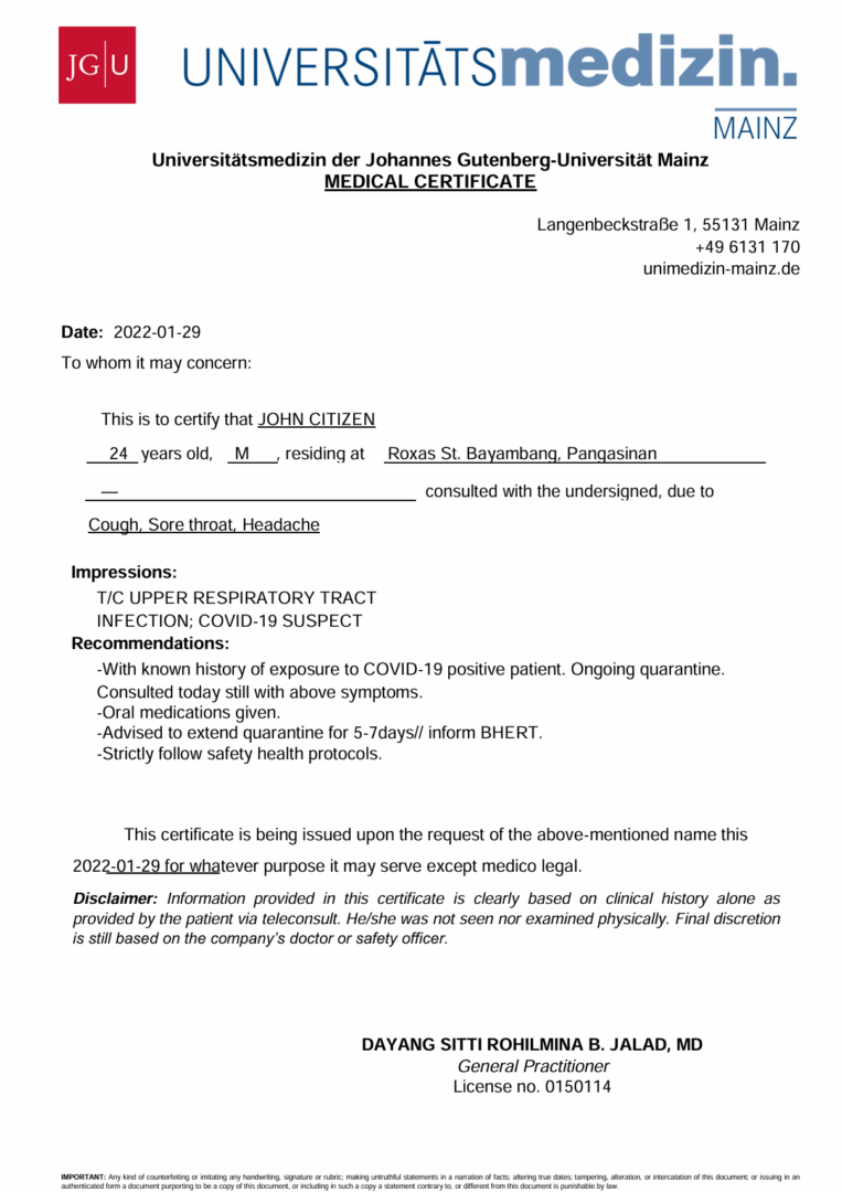 Universitätsmedizin der Johannes Gutenberg-Universität Mainz medical certificate template in Word and PDF formats