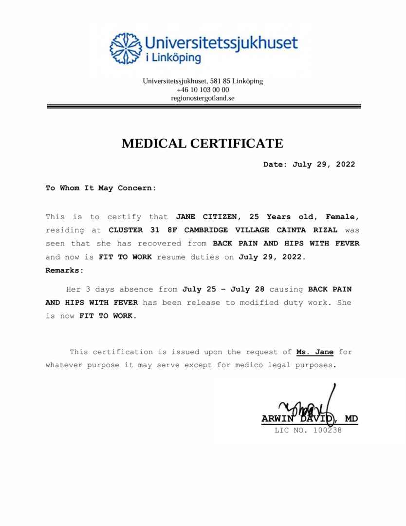 Universitetssjukhuset i Linköping medical certificate template in Word and PDF formats
