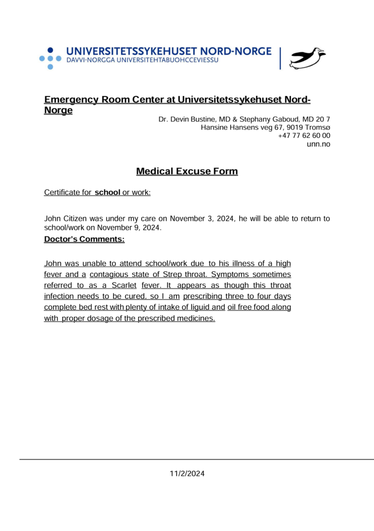Universitetssykehuset Nord-Norge medical excuse template in Word and PDF formats
