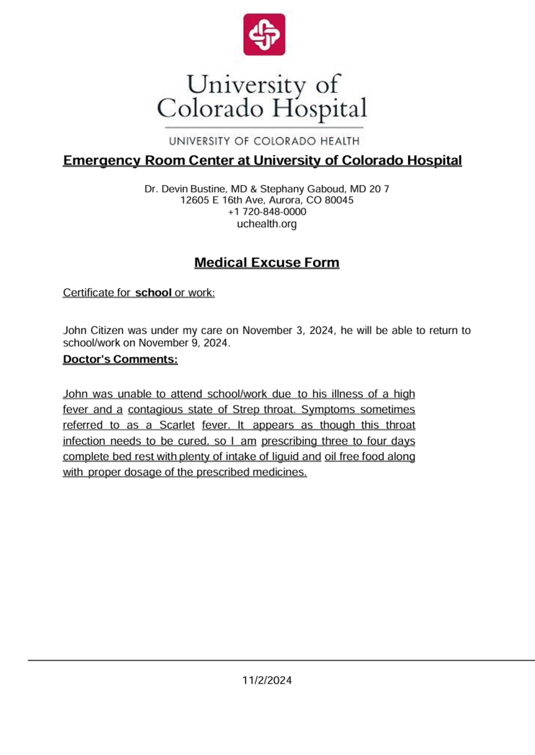 University of Colorado Hospital medical excuse template in Word and PDF formats