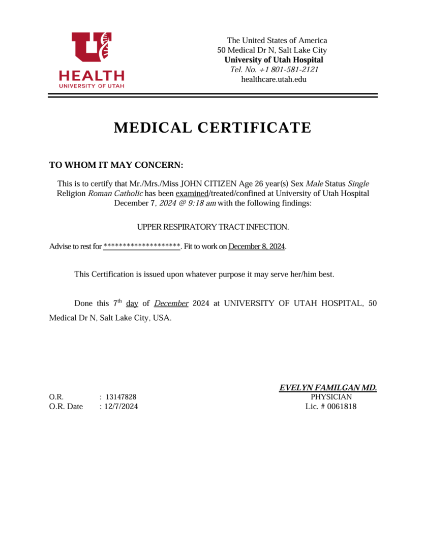 University of Utah Hospital medical certificate template in Word and PDF formats