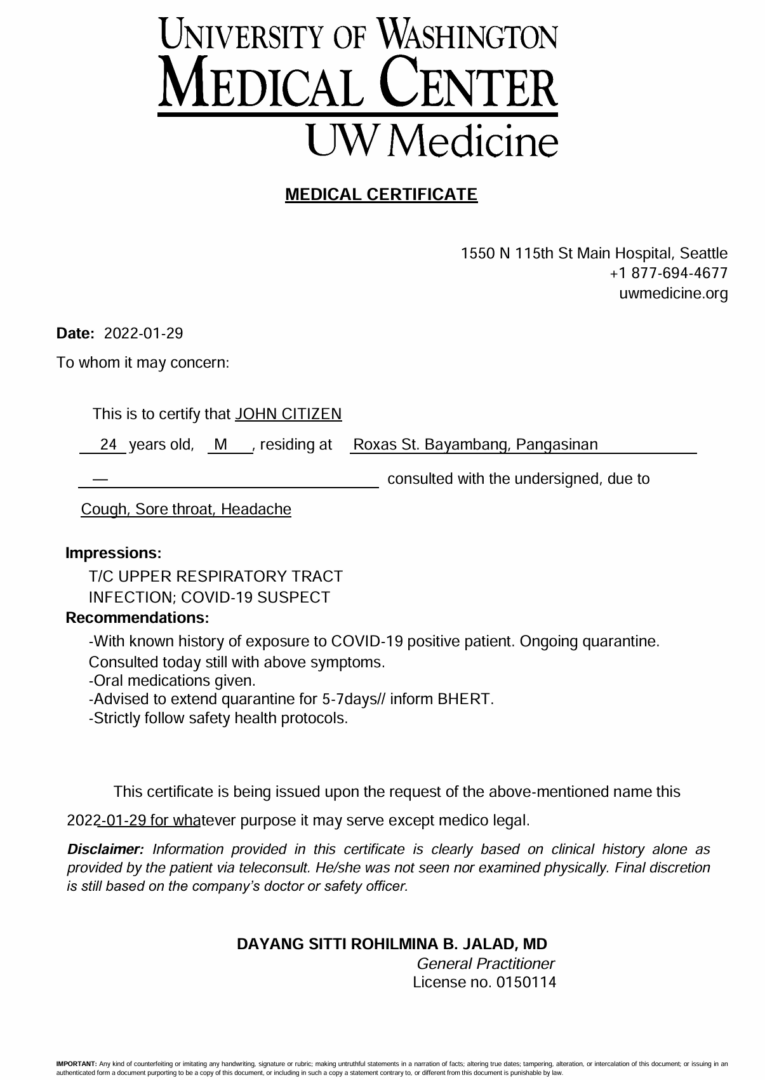 University of Washington Medical Center medical certificate template in Word and PDF formats