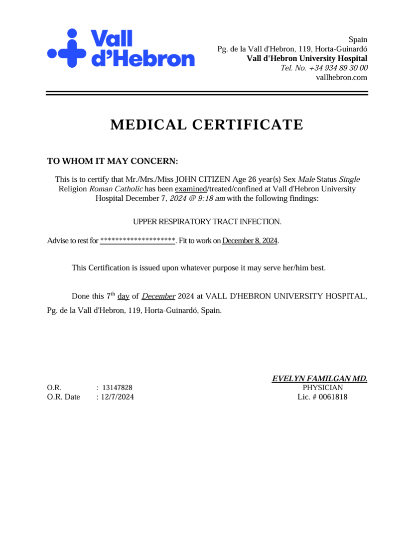 Vall d'Hebron University Hospital medical certificate template in Word and PDF formats