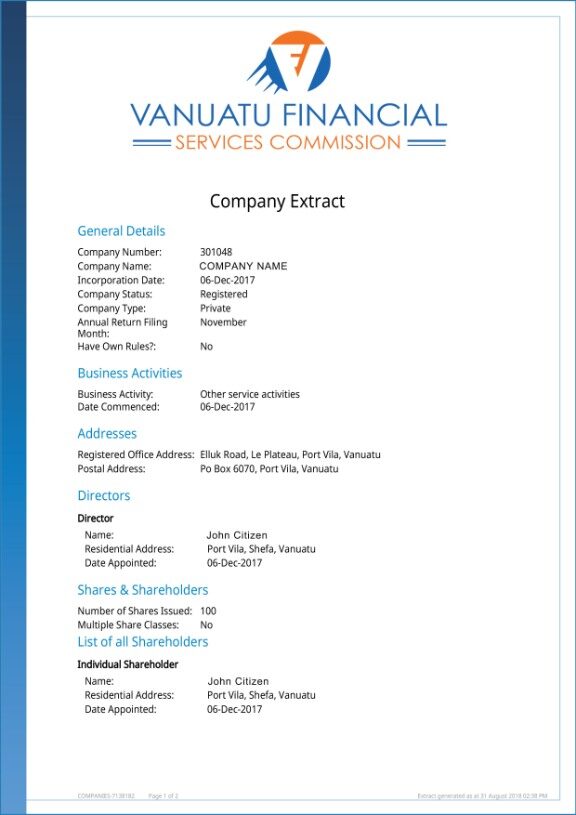 Vanuatu Company Extract PSD template