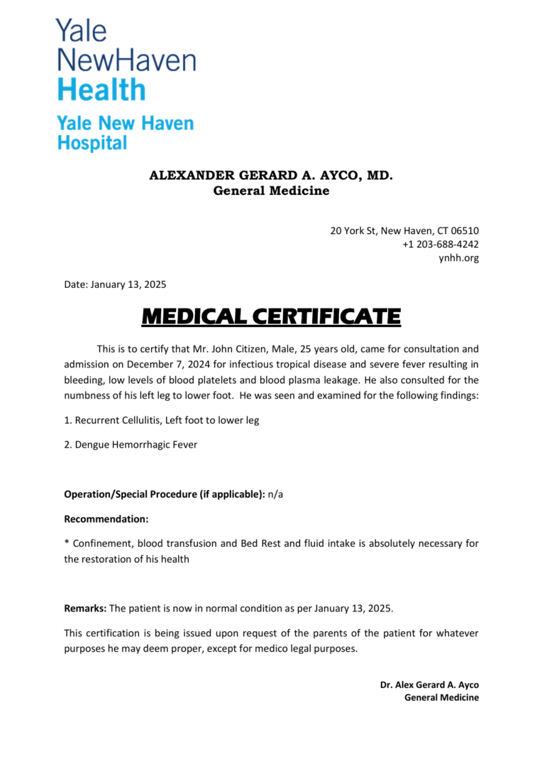 Yale New Haven Hospital medical certificate template in Word and PDF formats
