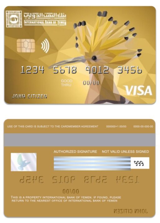 Yemen International Bank of Yemen visa credit gold card template in PSD format
