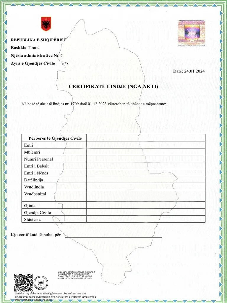 Albania Administrative division birth certificate template in PSD format