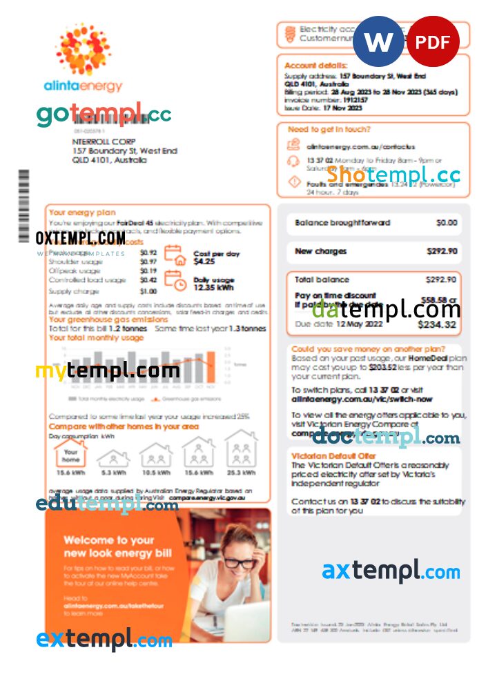 Alinta Energy electricity business utility bill template in Word and PDF formats