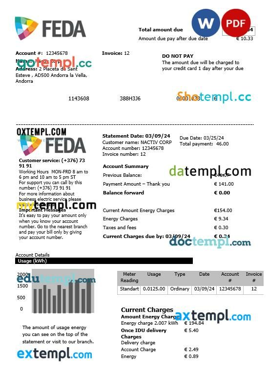Andorra Electric Forces of Andorra business utility bill template in Word and PDF formats