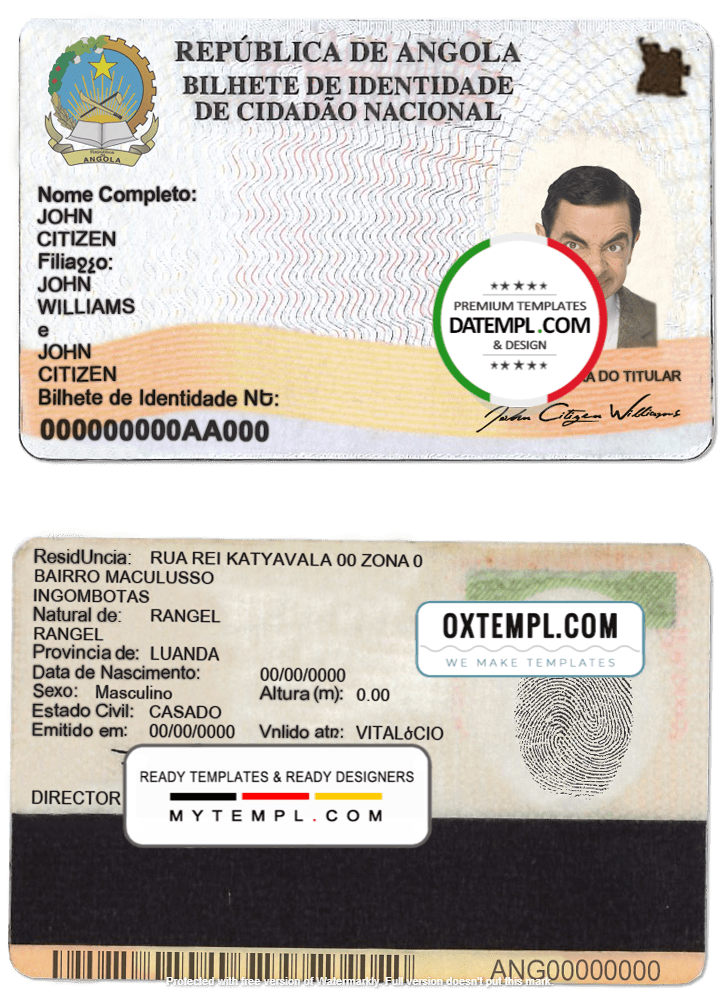 Angolan ID card example in PSD format, with fonts