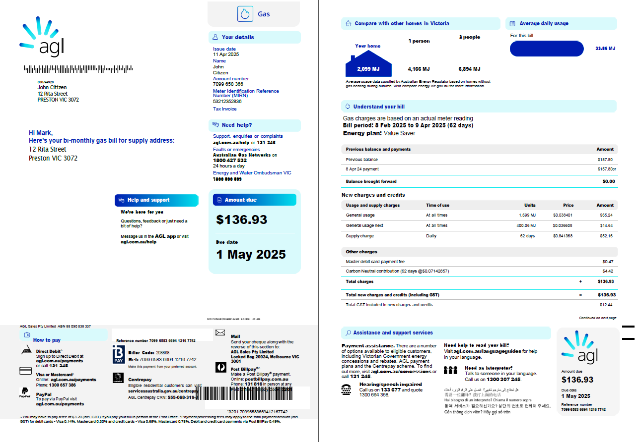 Australia AGL Gas utility bill template in Word and PDF formats, 3 pages