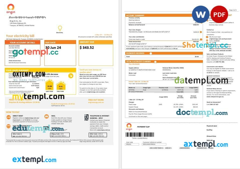 Australia New South Wales (NSW) Origin electricity business utility bill template in Word and PDF format, 3 pages