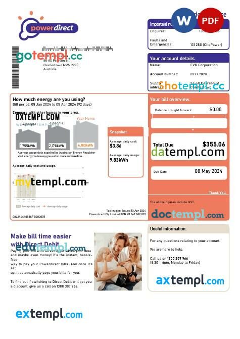 Australia Powerdirect electricity business utility bill template in Word and PDF format